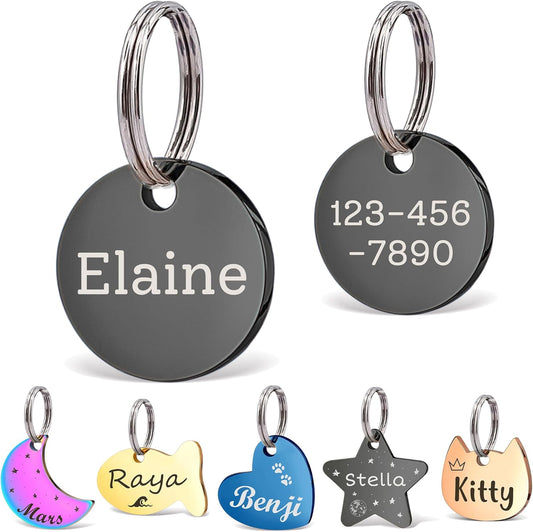 Anavia Small Size Dog Cat ID Tags, Small/XS Personalized Color Plated Stainless Steel Puppy Kitten Name Tags, Customized Engraved Nameplate Pet Collar Tag (Black, XS-Round)