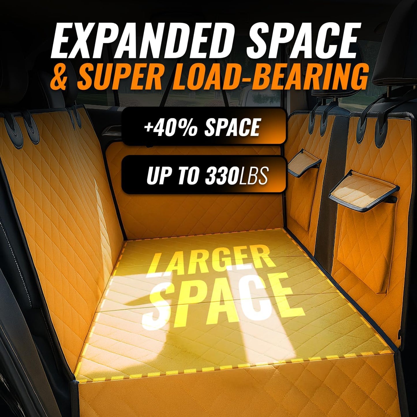 Back Seat Extender for Dogs with Waterproof Cover Hard Bottom Includes Pet Hair Remover and 2 Safety Straps Ideal for Large Cars and SUVs Perfect for Travel Road Trips Car Pet Bed Dog Seat Protector