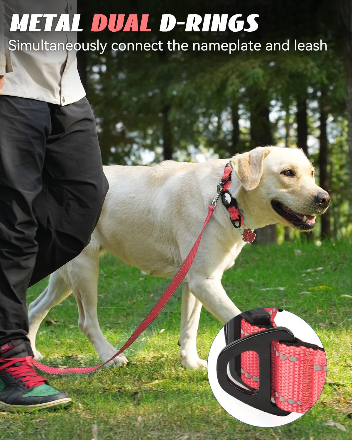 Joytale Airtag Dog Collar, Reflective Pet Collar with Waterproof AirTag Holder, Dual D-Rings, Soft Padded Adjustable for Large Dogs, Neon Pink, L