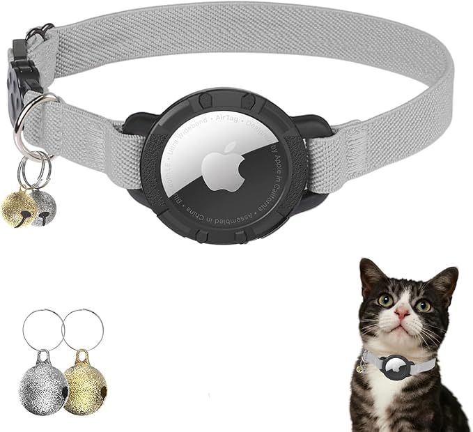 AirTag Cat Collars, Stretchy Collar with Apple AirTag Holder and Bell, Breakaway Ultra Design Elastic GPS Tracking Collars for Cats and Puppies, (7.5-12.5 Inch), Gray
