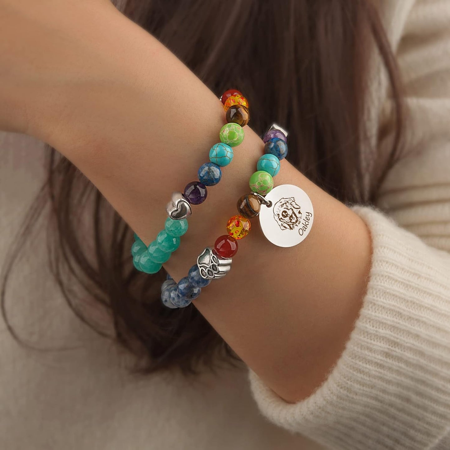 Anavia Pet Portrait Rainbow Bridge Pet Memorial Bracelet for Beloved Dog Cat, Pawprint on My Heart Personalized Handmade Bracelet Keepsake