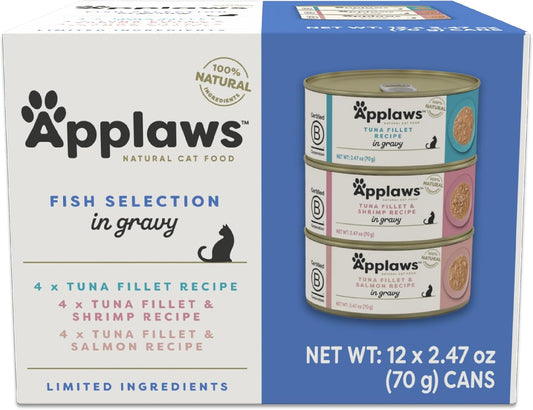 Applaws Natural Wet Cat Food in Gravy, Limited and Natural Ingredients, High Protein with No Artificial Additives, Fish Selection Variety Pack in Gravy (12 x 2.47oz Cans)