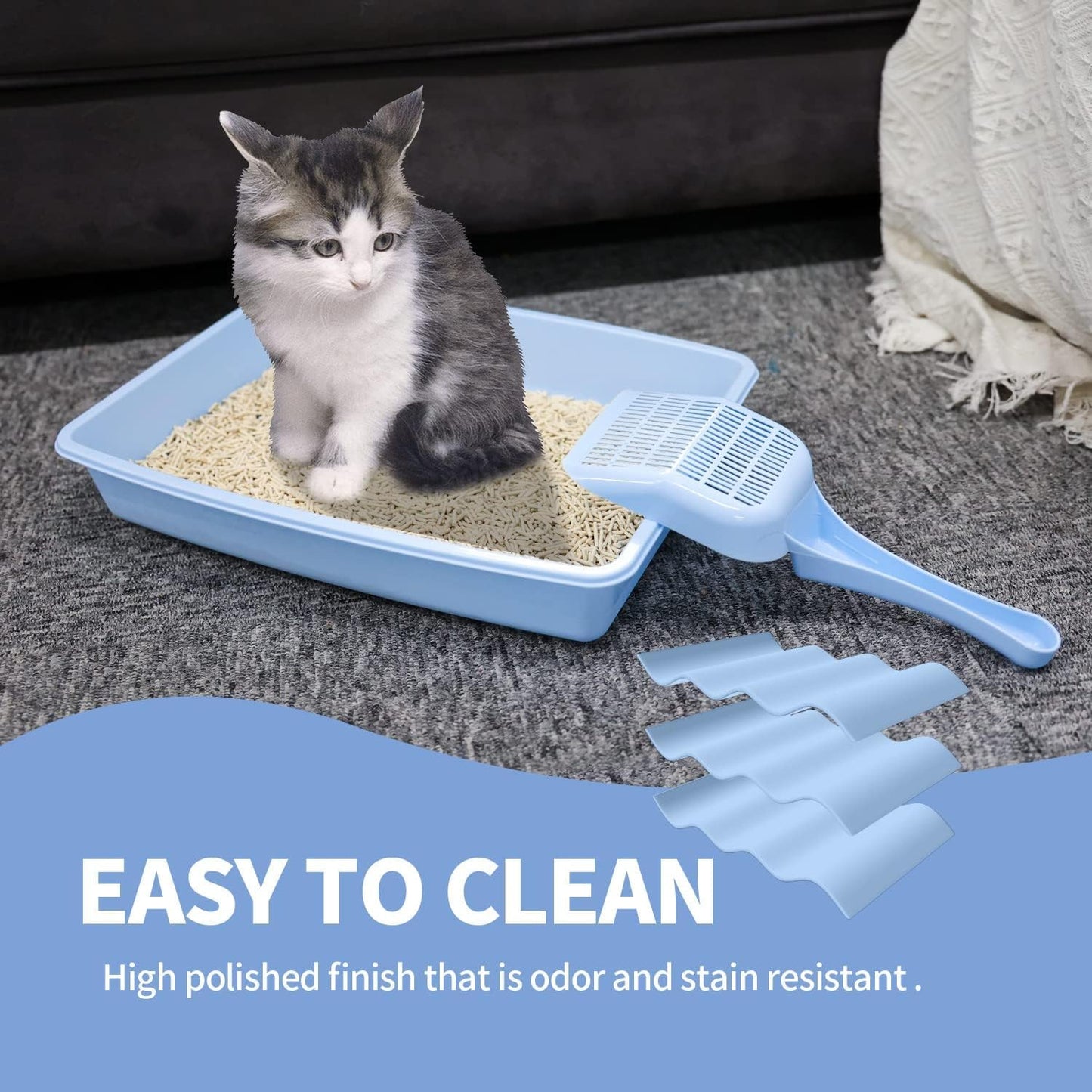 PAWISE Kitty Litter Box Set 5-Pieces - Shallow Cat Litter Pan, Cat Litter Scooper, Feeding Bowls, Kitten Starter Kit Mouse Toy, 14.5x10.5 Inches, Blue