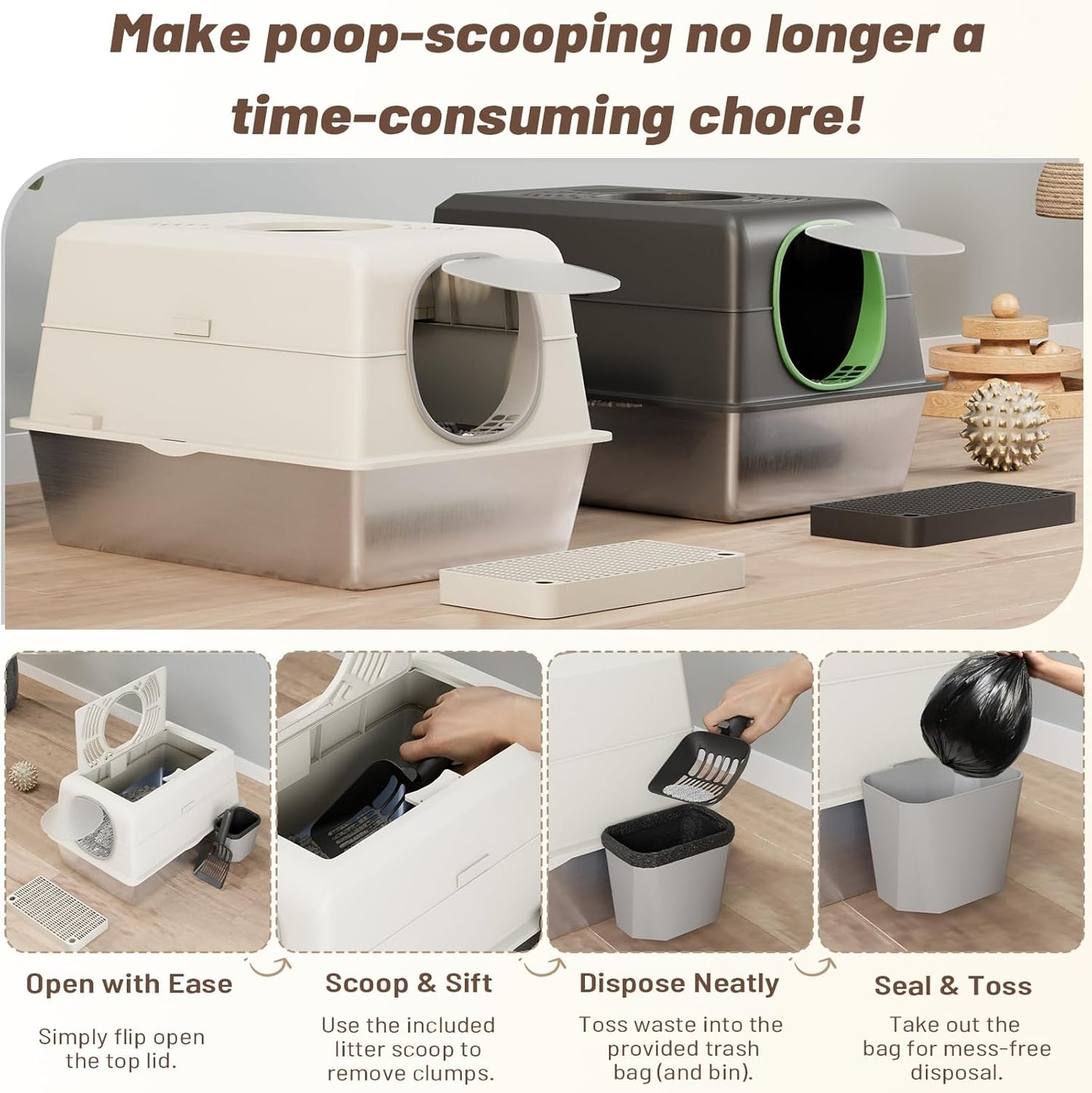 Extra Large Enclosed Stainless Steel Cat Litter Box Enclosure with Lid, Front Dual-Door and Top Exit Metal Cat Litter Pan Box for Big Cats, with Litter Scoop,Box Step, Waste Bin & Trash Bags, White