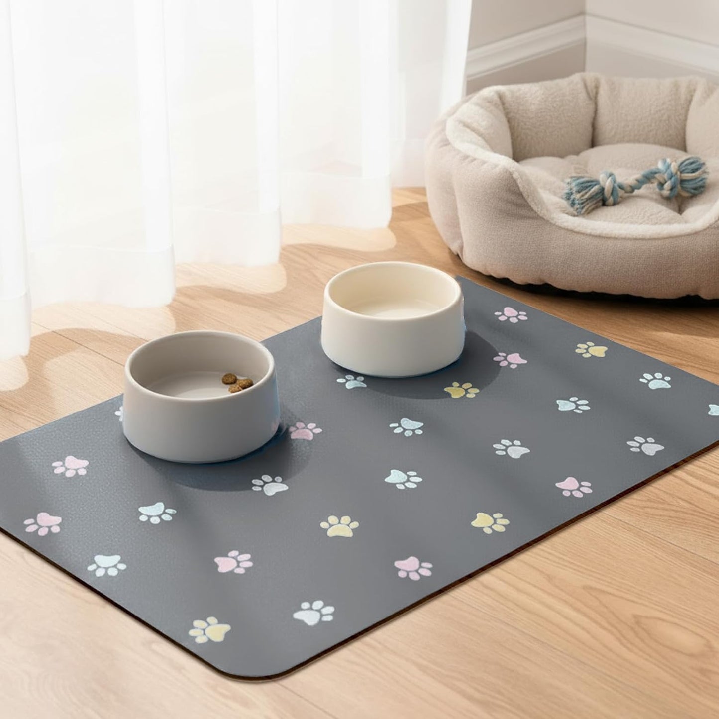 Pet Feeding Mat Absorbent Dog Mat for Food and Water Non Slip Quick Dry Dog Bowl Mats for Floors 27" X 17" Paw Dark Gray