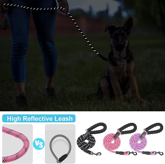 BEAUTYZOO Heavy Duty Rope Dog Leash 3 Pack, 6FT Nylon Pet Leash with Reflective Thread, Soft Padded Handle Thick Lead Strong Dog Leashes for Large Medium Dogs Small Puppy Training 6'*1/2 inch