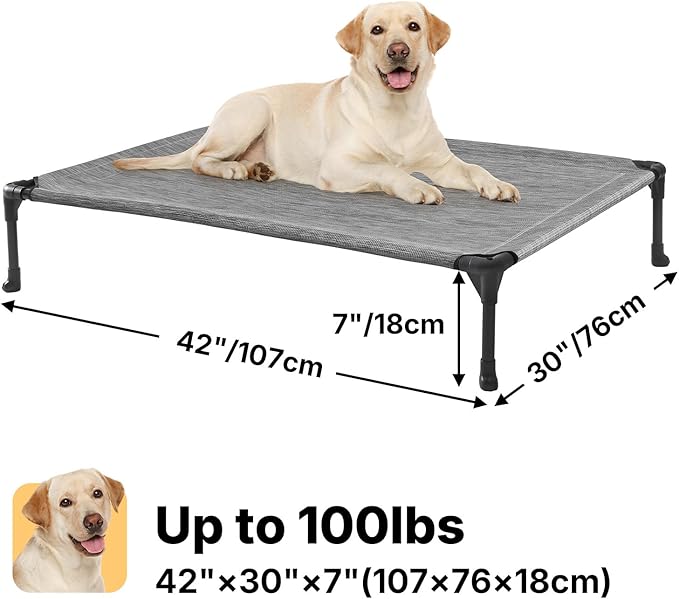 Veehoo Outdoor Elevated Dog Cot Bed, Cooling Raised Pet Bed for Large Dogs, Washable Breathable Mesh Hammock Bed with No-Slip Feet, Indestructible Ground Off Training Platform Cot-42"x30" Black Silver