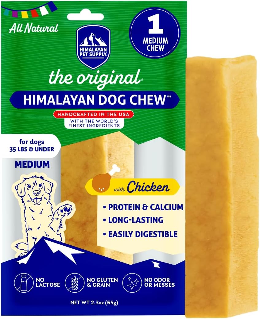 Himalayan Dog Chew Original Yak Cheese Chew, Chicken, 1 Medium Stick, 2.3 oz, Gluten Free, Healthy Treats, Grain & Lactose Free 100% Natural, Long Lasting, for Dogs Under 35 lbs