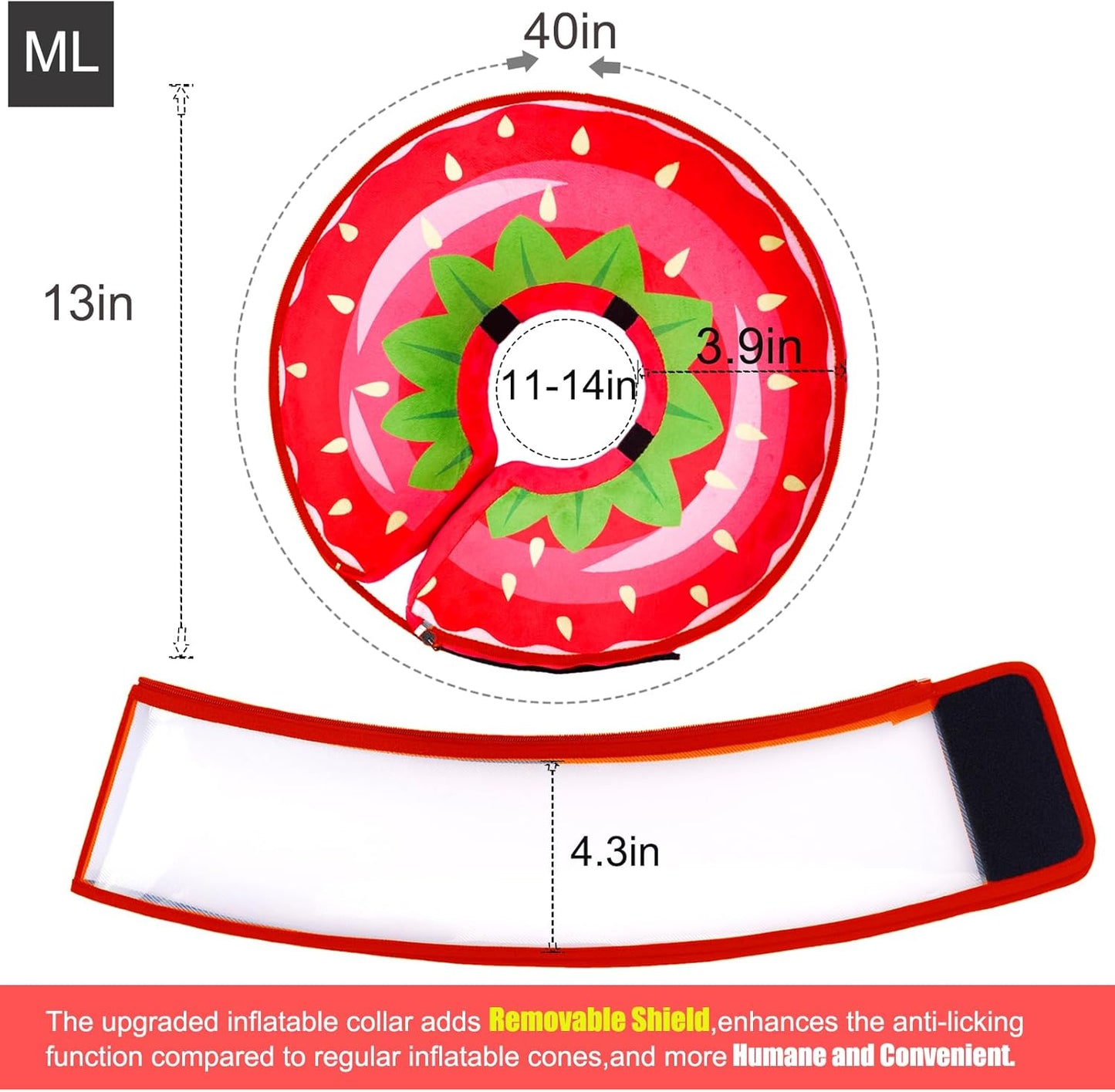 Inflatable Dog Cone Collar for Large Medium Small Dogs, Soft Dog Donut Collar Adjustable Recovery Cone for Pets After Surgery, Extra Enhanced Anti-Licking Guard Shield for Pets (ML, Strawberry)