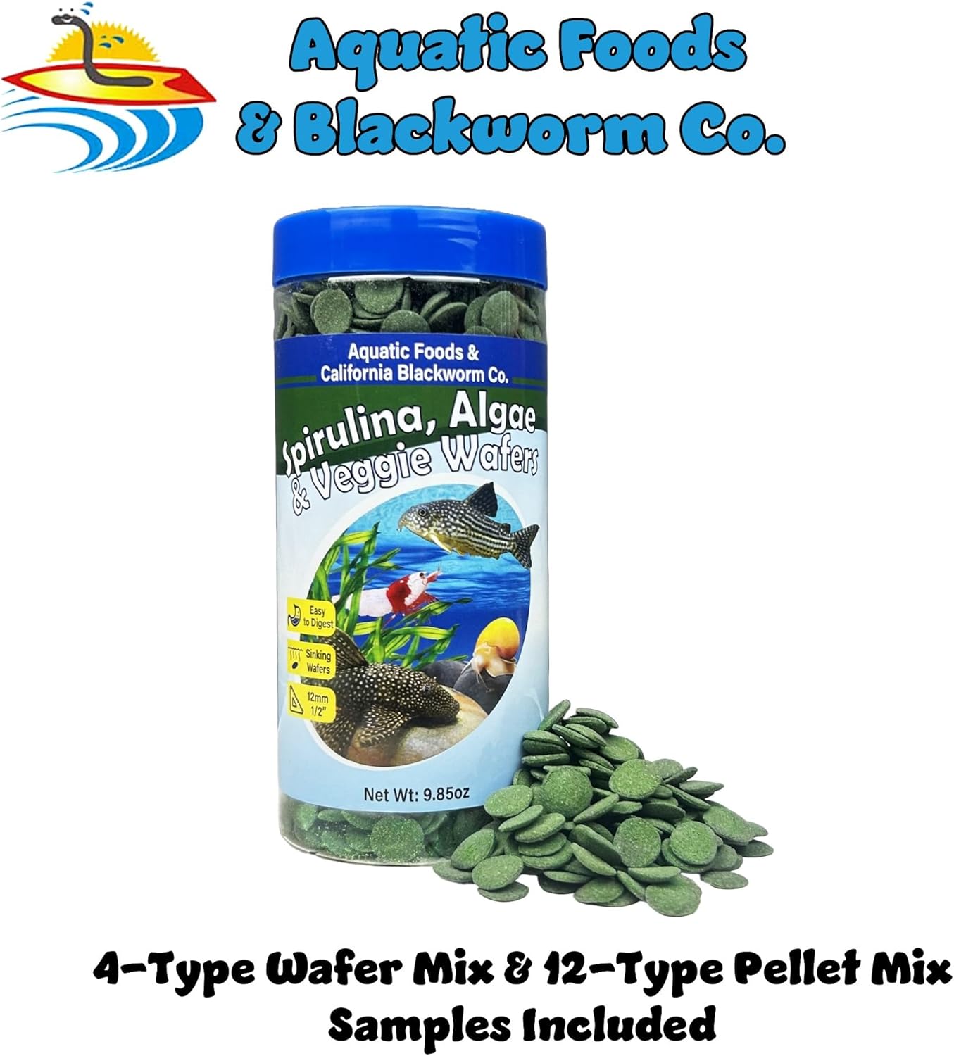Aquatic Foods Inc. 12mm - 1/2" Small Sinking Wafers of Spirulina, Algae & Veggies for Plecos, Catfish, Shrimp, Snails, Crayfish, 12-Type Pellet Mix & 4-Type Wafer Mix Included 9.85oz Canister