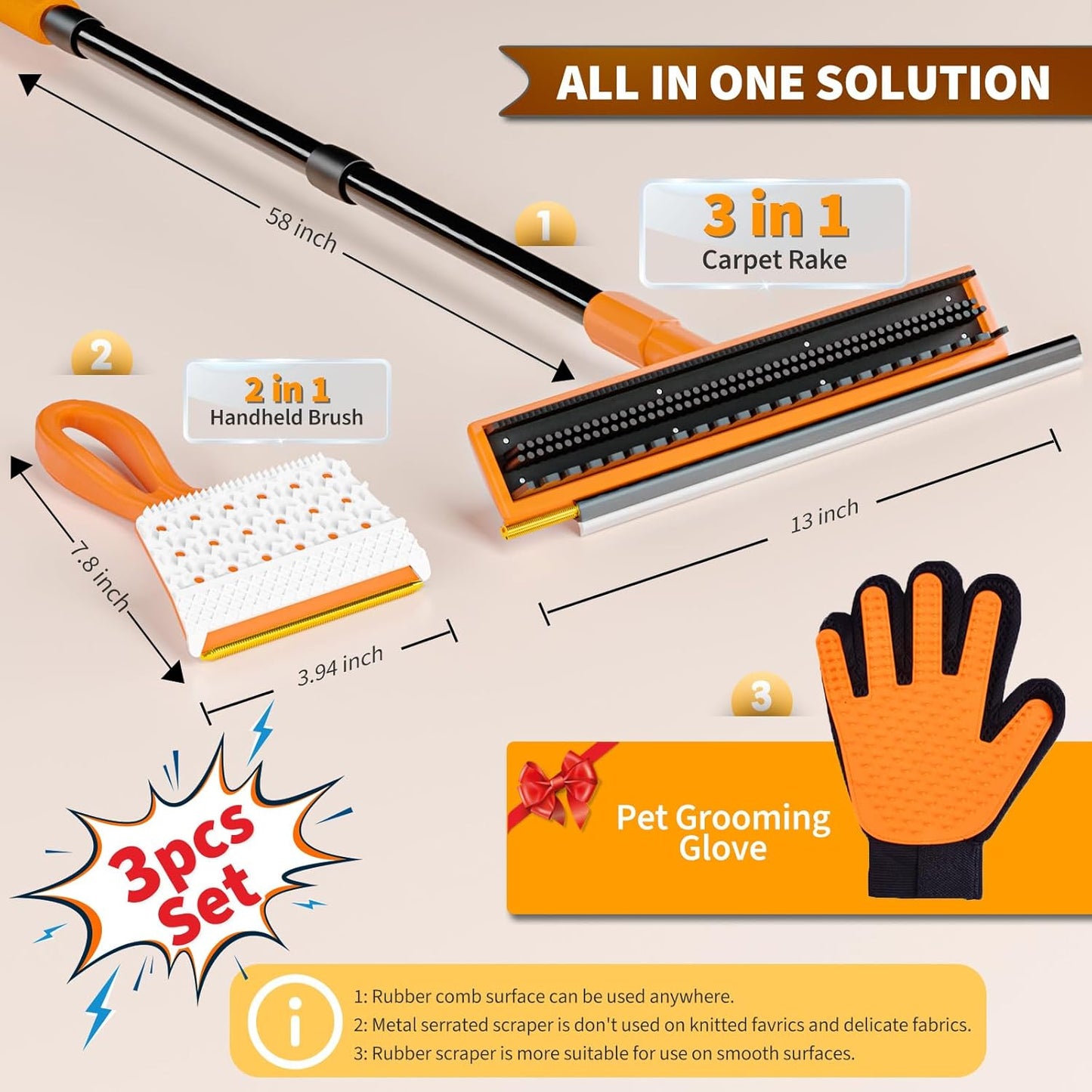 Carpet Rake for Pet Hair Removal - 3 in 1 Pet Hair Remover Tool with 58" Adjustable Long Handle,Reusable Dog & Cat Carpet Scraper,Pet Hair Remover for Rugs,Mats,Couch,Curtains(Orange)