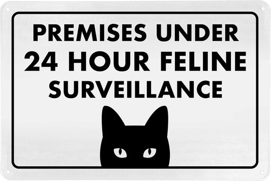 Funny HALLOWEEN Sign - Beware Guard Cat on Duty 8" x 12" Humorous Metal Sign, Home & Cat Decor, Bundled with Adhesive Hook & Loop Strips, Nails and Screws for Multiple Mounting Options - ENVISIONED Signage