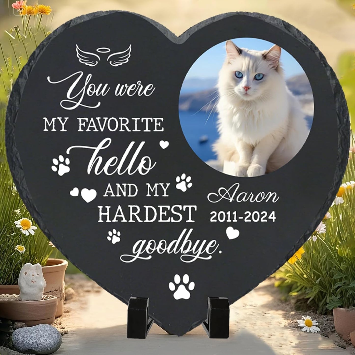 Personalized Pet Memorial Stone - Heart-Shaped Custom Cat Grave Marker with Engraved Name & Photo - Pest Grave Stone for Remembrance Dog/Cat Passing Away Sympathy Gifts (Style E)