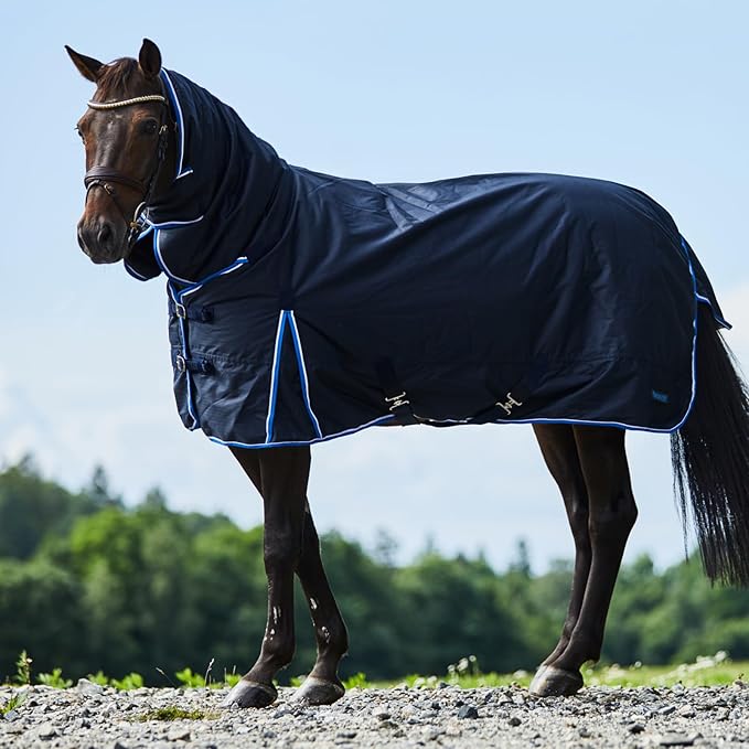 HORZE Glasgow Medium Weight Waterproof Combo Turnout Winter Horse Blanket with Neck Cover (150g Fill) - Dark Blue - 69 in