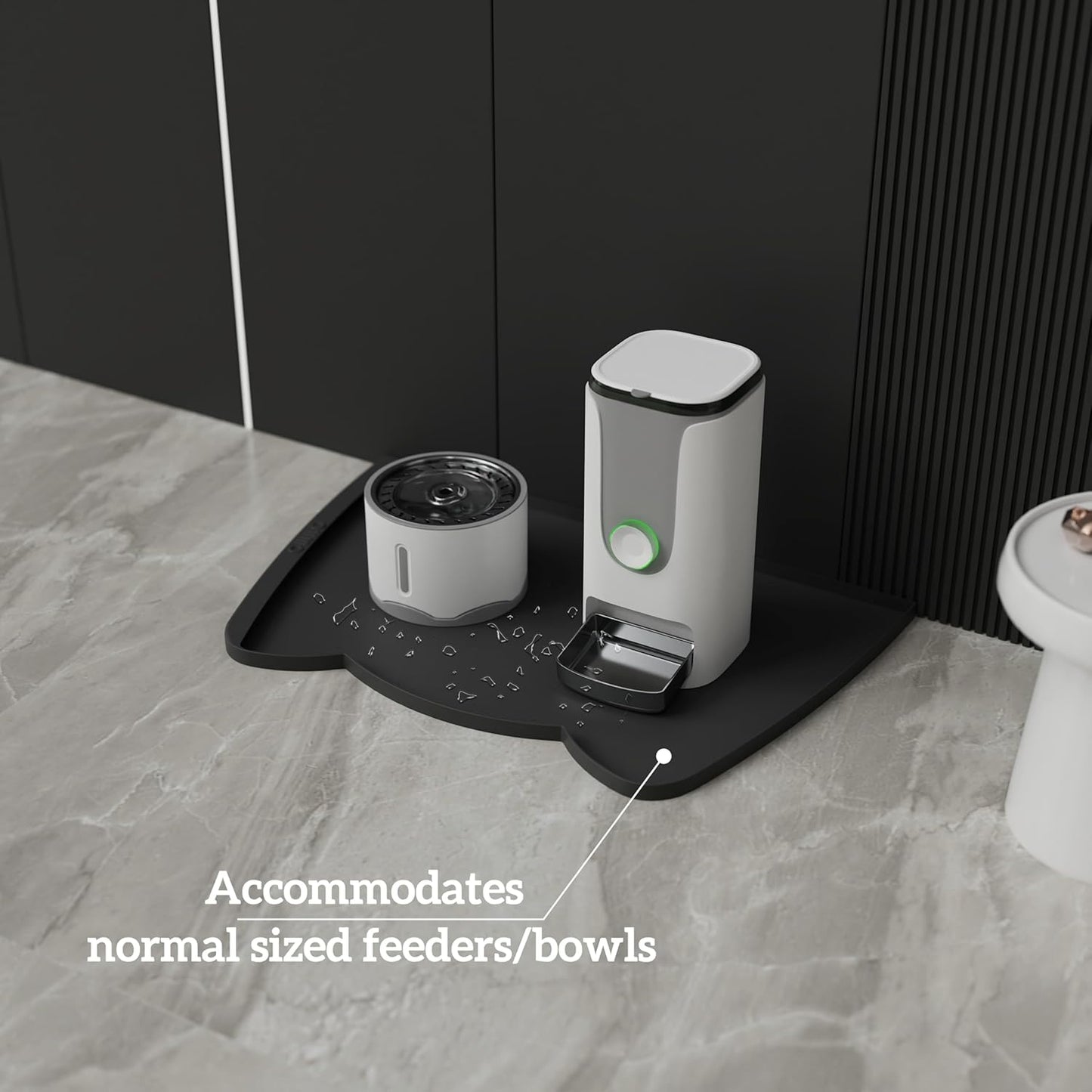 OHMO Dog Food Mat(Black, 24 * 15'') w/Residue Collection Pocket Silicone Pet Feeding Mat for Floor High Edges Anti Spills Waterproof Cat Water Bowl Tray, Easy Clean Placemat