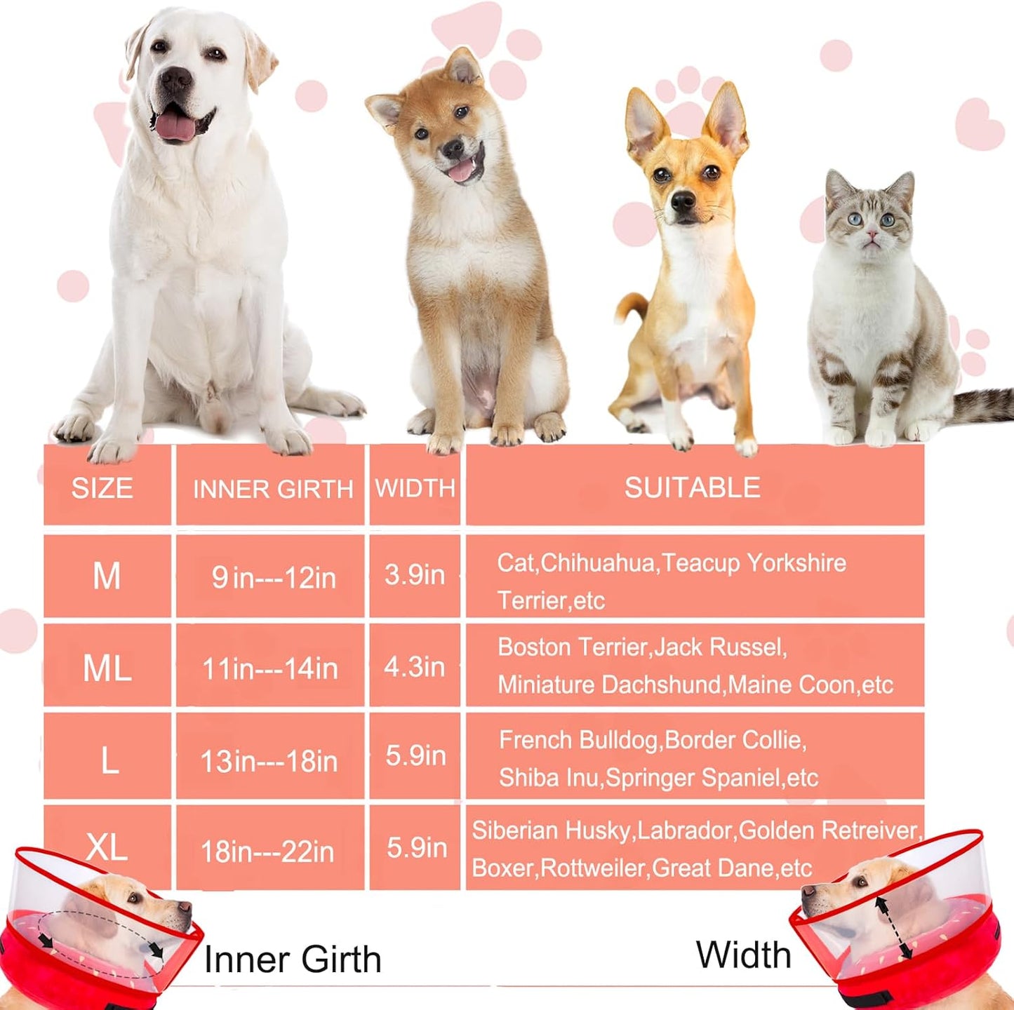 Inflatable Dog Cone Collar for Large Medium Small Dogs, Soft Dog Donut Collar Adjustable Recovery Cone for Pets After Surgery, Extra Enhanced Anti-Licking Guard Shield for Pets (X-Large, Strawberry)