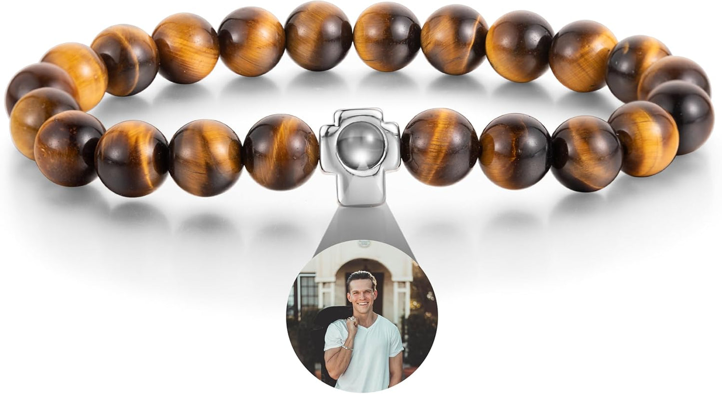 EMIRISTIC Custom Photo Bracelet - Personalized Picture Natural Stone Cuban Chain Bracelet - Any Special Day Gifts