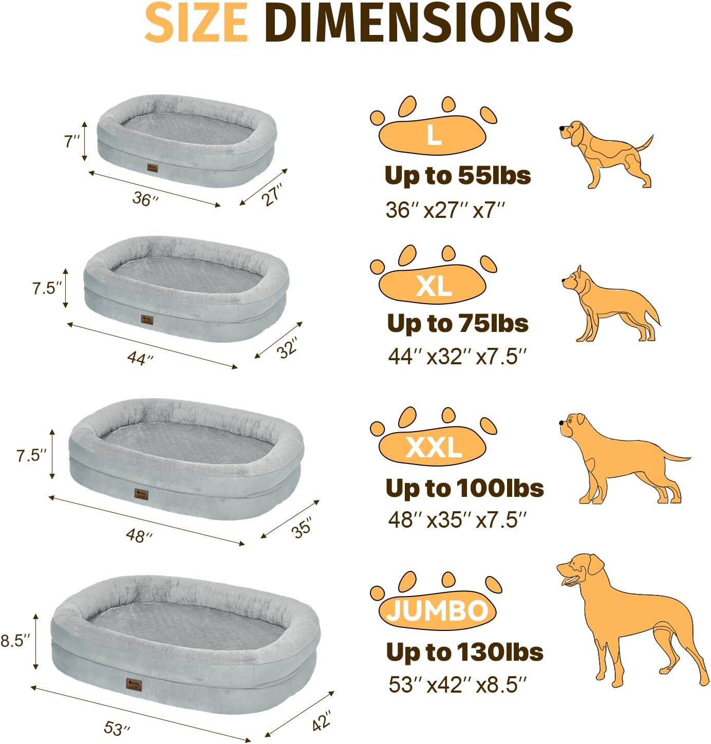 Orthopedic Waterproof Large Dog Bed: Memory Foam Washable Dog Bed with Bolsters - Removable Orthopedic Cover for Medium L XL Large Sized Pet - Non-Slip Bottom - Silver