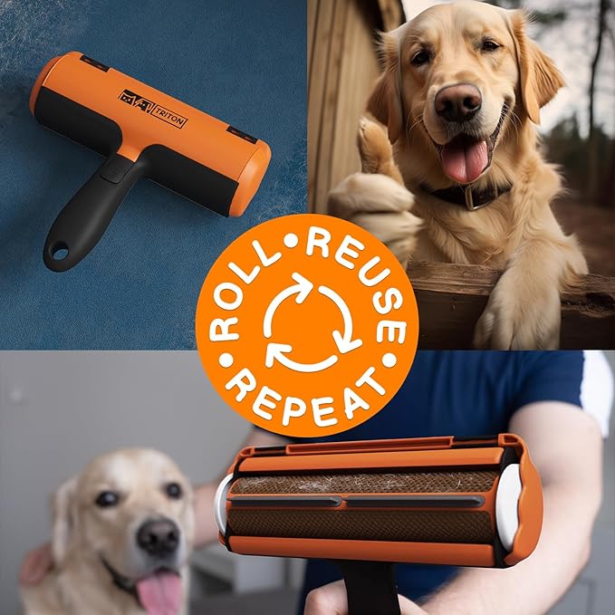 Triton Pet Hair Removal Tool w/Fur Trapping Compartment and Detachable Handle, 60% Smaller Storage Size, Reusable Shedding Roller, Cat and Dog Hair Remover for Car, Furniture, Carpet, Couch (Orange)