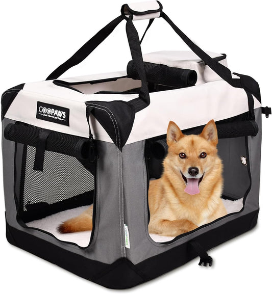 JESPET Soft Dog Crates Kennel for Pets, 3 Door Soft Sided Folding Travel Pet Carrier with Straps and Fleece Mat for Dogs, Cats(7-Light Grey, Large(30" L x 21" W x 23" H))
