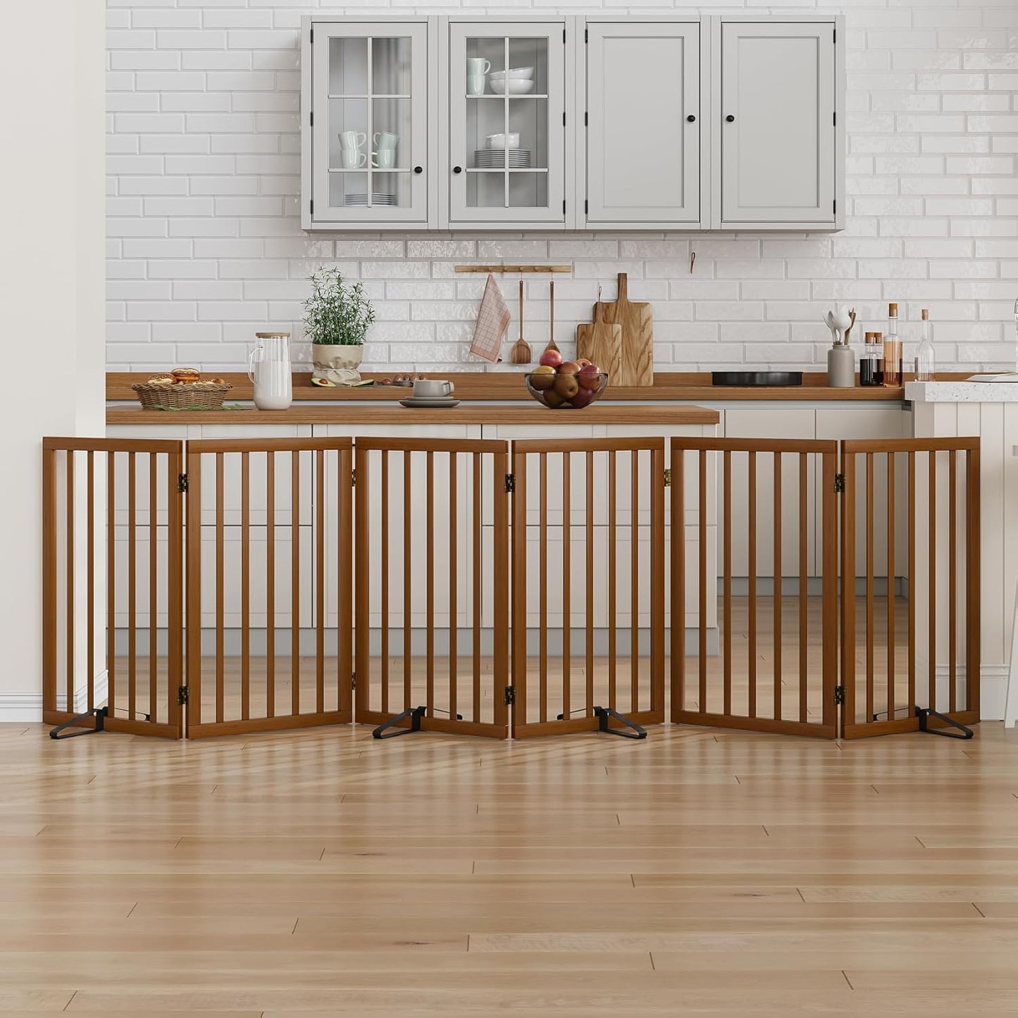 Dog Gate 32" Tall Foldable Dog Gate for Doorways Freestanding Pet Gate for Dogs Indoor (Walnut,6 Panel)