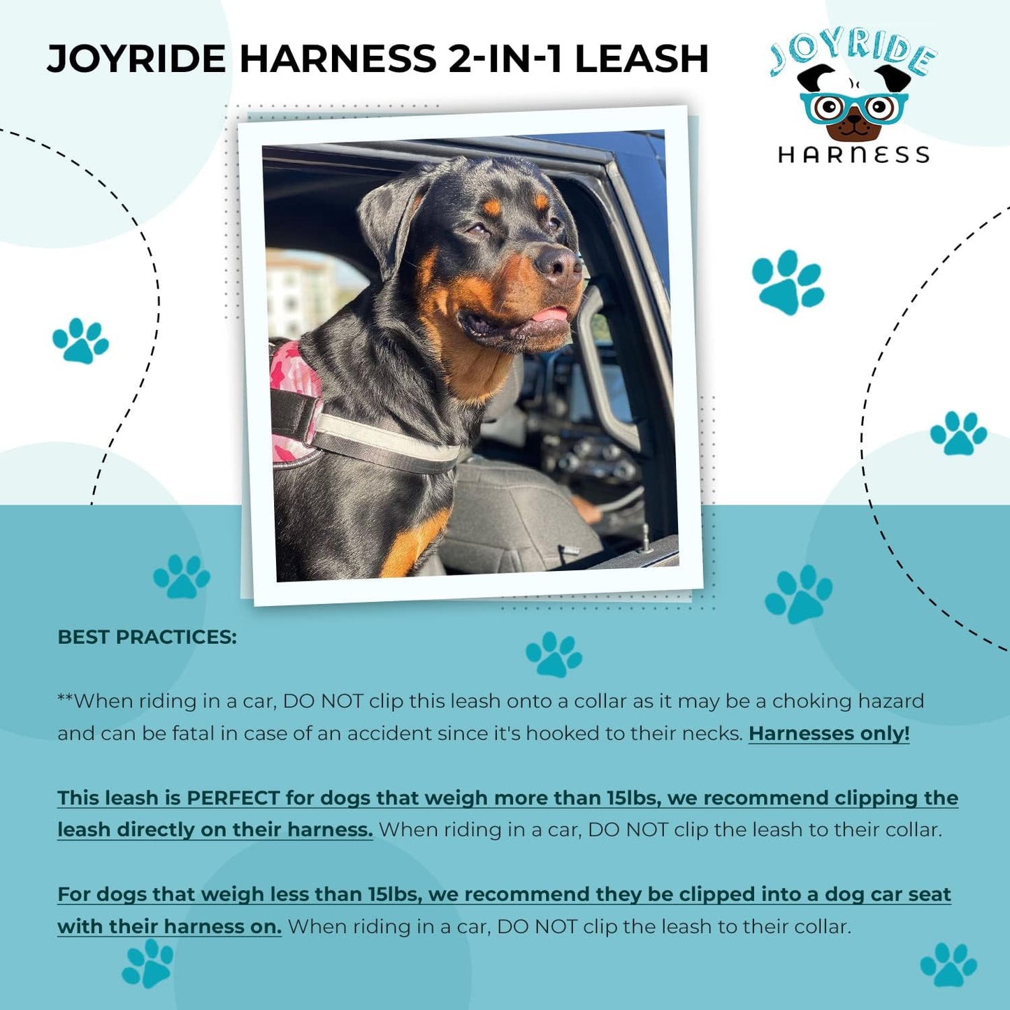 Joyride Harness 2-in-1 Leash with Seat Belt Combo, 43” Dual Use Pet Safety Seatbelt, Dual Handle and Car Safety Buckle, Thick Heavy Duty Nylon & Retractable Harness Clasp - Reflective Safety Stitching