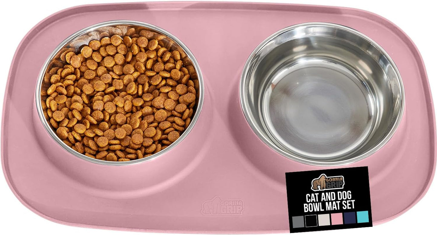 GORILLA GRIP Feeding Mat Set, Patent Pending 100% Waterproof BPA Free Silicone, Stainless Steel Cat and Dog Bowls, Slip Resistant, High Edges Catch Water, Food, US Designed Pet Accessories, 1 Cup Pink