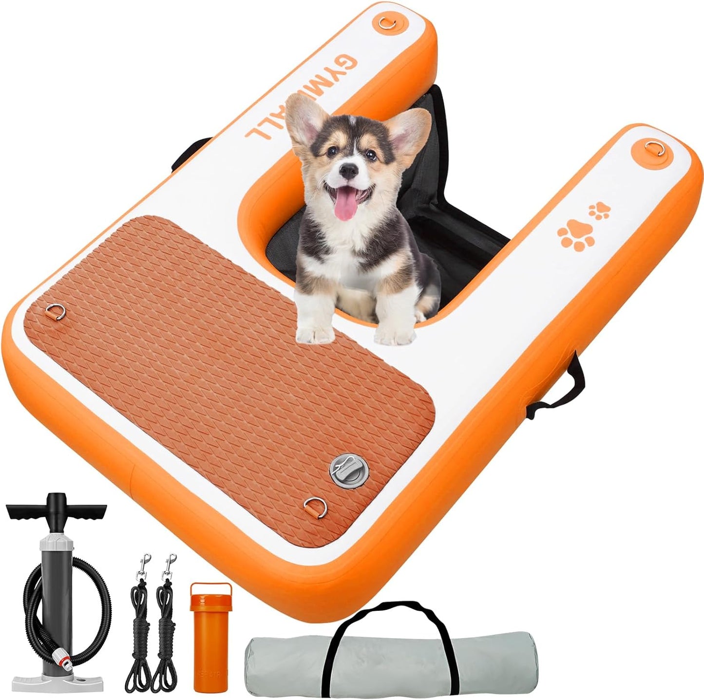 Inflatable Dog Water Ramp Pet Dock Platform Orange, Pet Water Platform for Boat Pool Lake Sea, Non-Slip Safety Floating Dock for Dogs up to 200lbs, EVA Puppy Float Ramp Dog Water Ladder