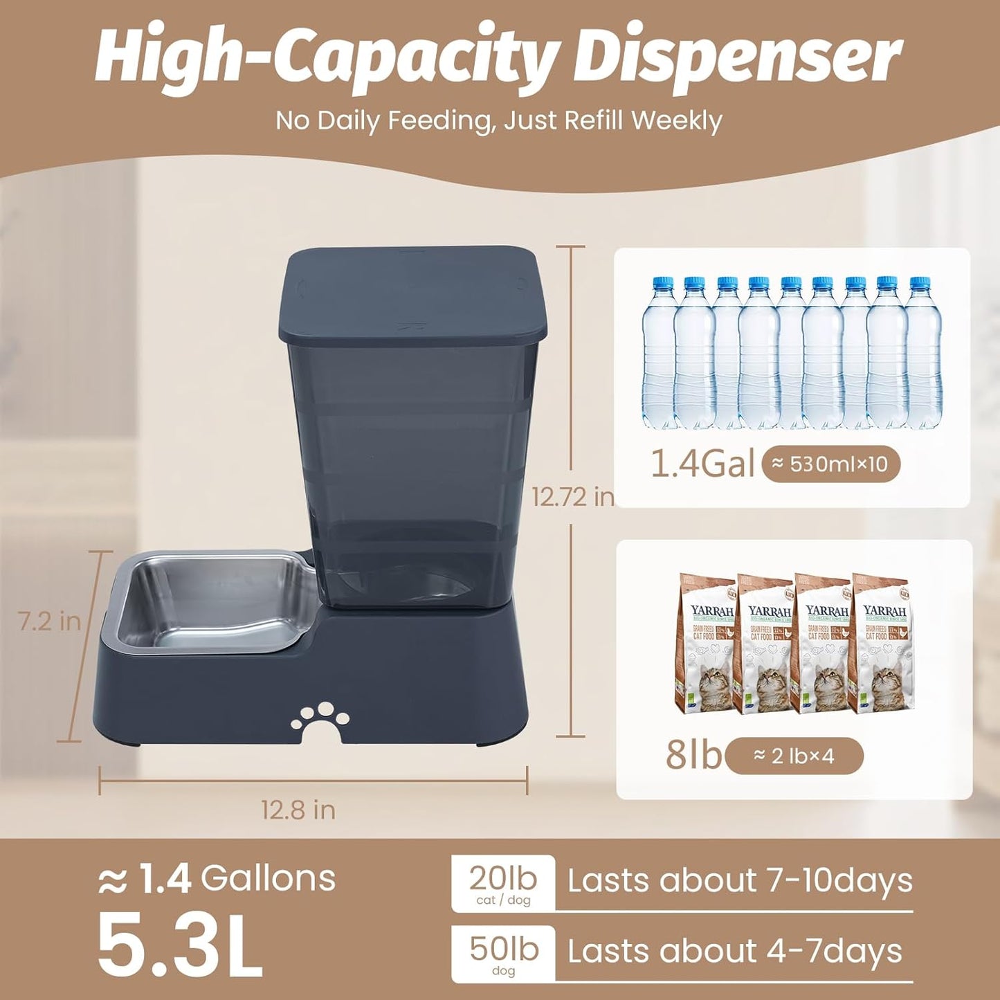 Automatic 5.4L/1.4Gal Pet Waterer, Automatic Dog Water Dispenser Gravity Stainless Steel Water Feeder, Large Capacity Feeding Bowls for Cats and Medium & Large-Sized Dogs (Black, Food+Water)