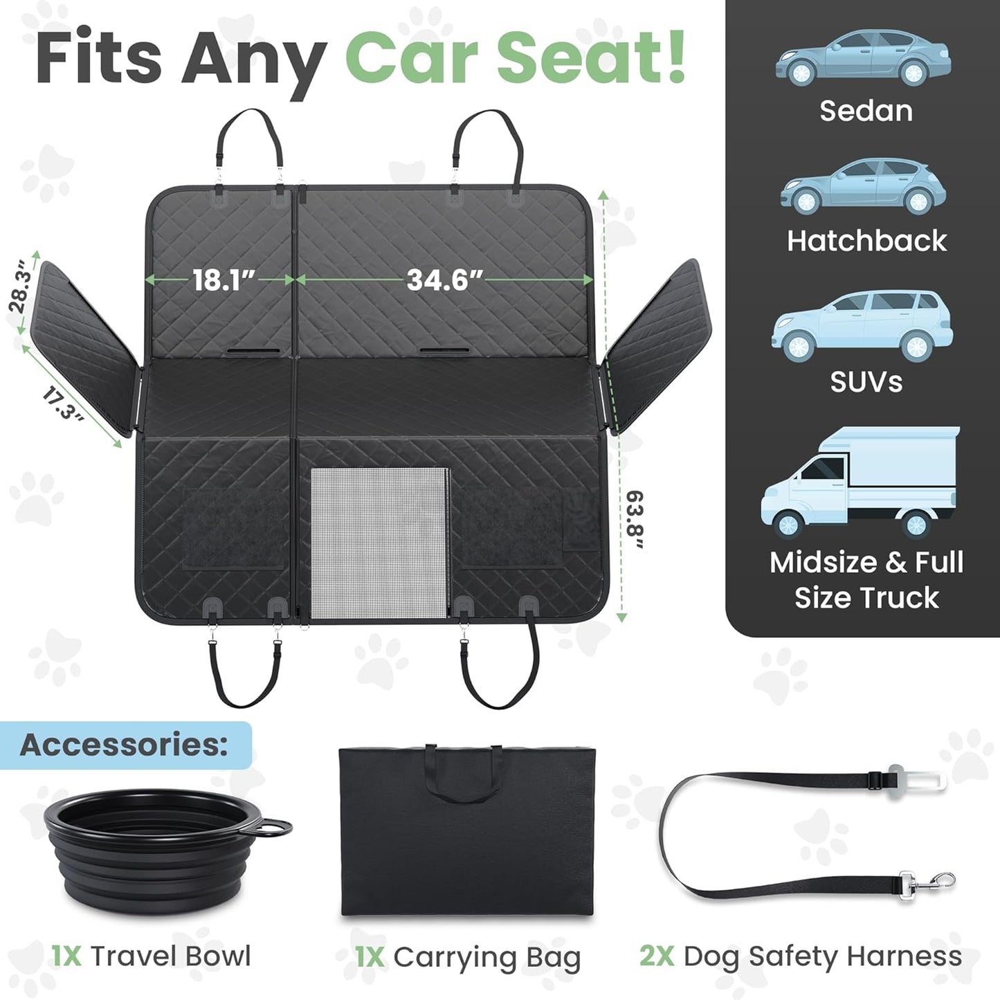 Dog Car Seat Cover for Back Seat Half or Full - 3-Way Backseat Dog Hammock for Car Hard Bottom & Anti-Slip with Safety Seatbelts, Bowl - 63.8x52.7 Pet Backseat Cover for SUV, Sedans, Trucks