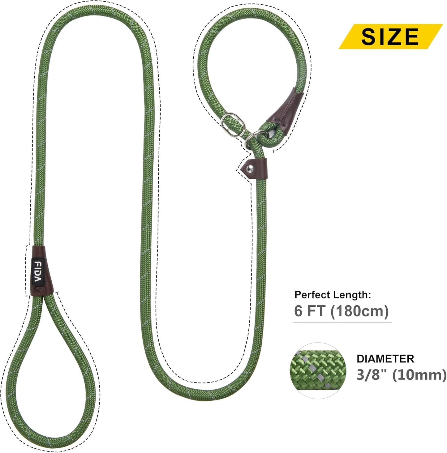 Fida Durable Slip Lead Dog Leash, 6 FT x 3/8" Heavy Duty Dog Loop Leash, Comfortable Strong Rope Slip Leash for Small Dogs and Puppies, No Pull Pet Training Leash with Highly Reflective(3/8", Green)