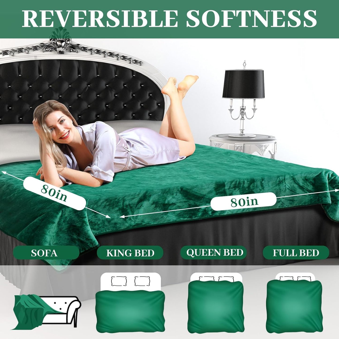 Love Green Waterproof Bed Blanket, Queen Size 80'' x 80'' Double Side Leakproof Reversible Sherpa Flannel Fleece 3 Layer Lightweight Blanket, Absorbs 70oz