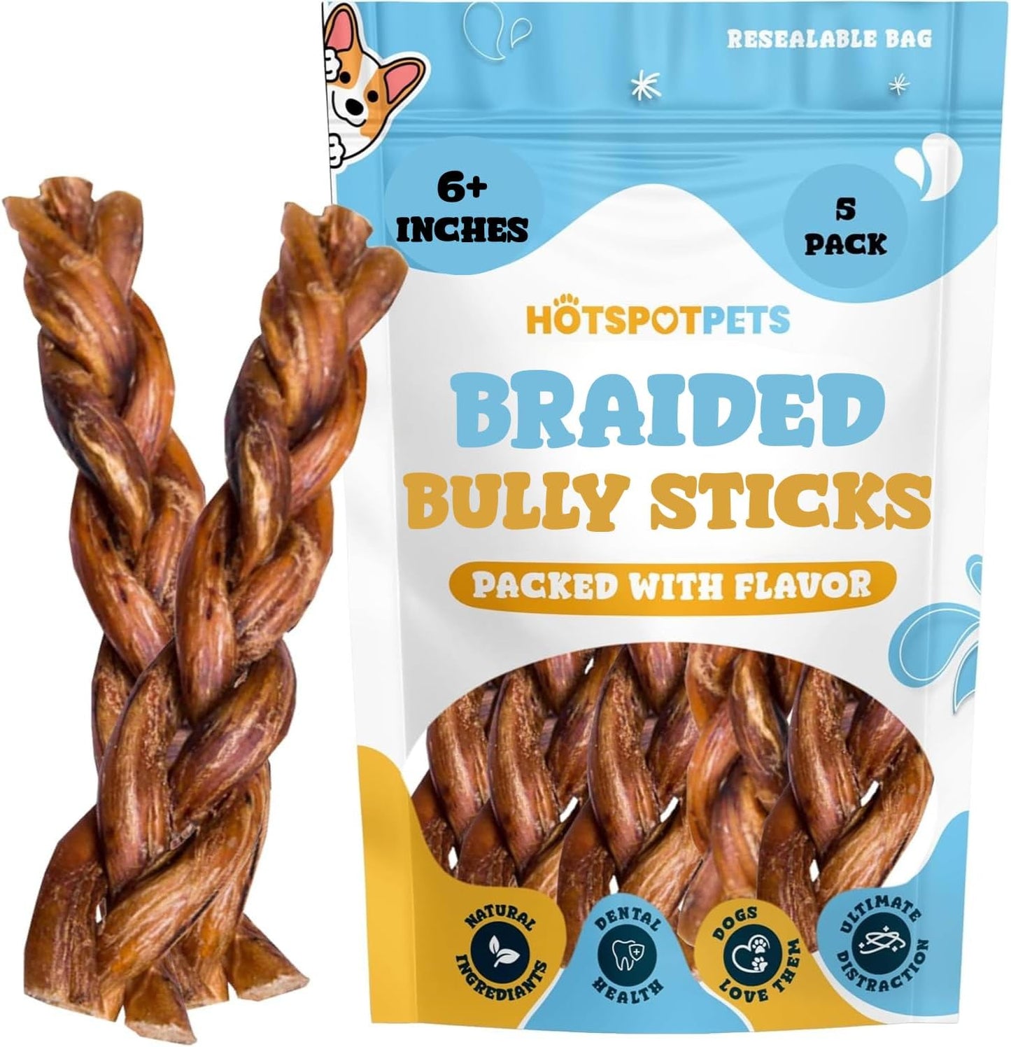hotspot pets Braided Bully Sticks for Dogs -6 Inch Stix (5 Pack) Premium All Natural Long Lasting Twisted Beef Pizzle Dog Chews -Natural Dental Health, Grain Free, Fully Digestible Rawhide Alternative