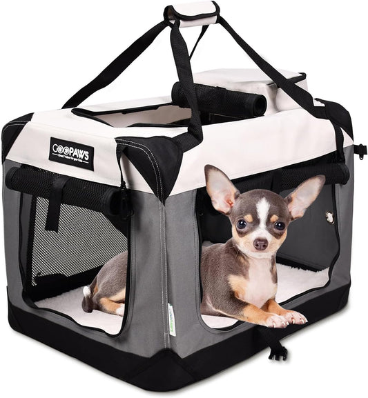 JESPET Soft Dog Crates Kennel for Pets, 3 Door Soft Sided Folding Travel Pet Carrier with Straps and Fleece Mat for Dogs, Cats(7-Light Grey, Small(24" L x 16.5" W x 16.5" H))