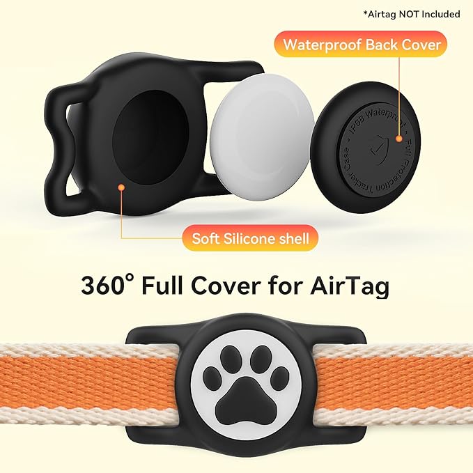 Dog Airtag Holder,[2-Pack] IP68 Waterproof AirTag Holder for Dog & Cat Collars,Silicone Air Tags Case for Pet Collars (Black+Black)