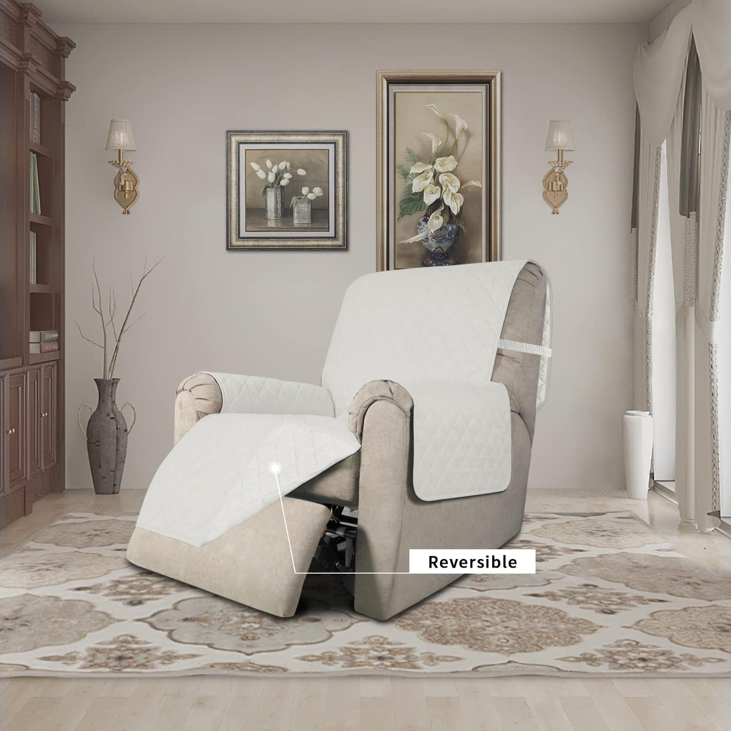 Easy-Going Recliner Chair Slipcover Reversible Sofa Cover Water Resistant Couch Cover Furniture Protector with Elastic Straps for Pets Dog (Recliner 22 inch, Ivory/Ivory)