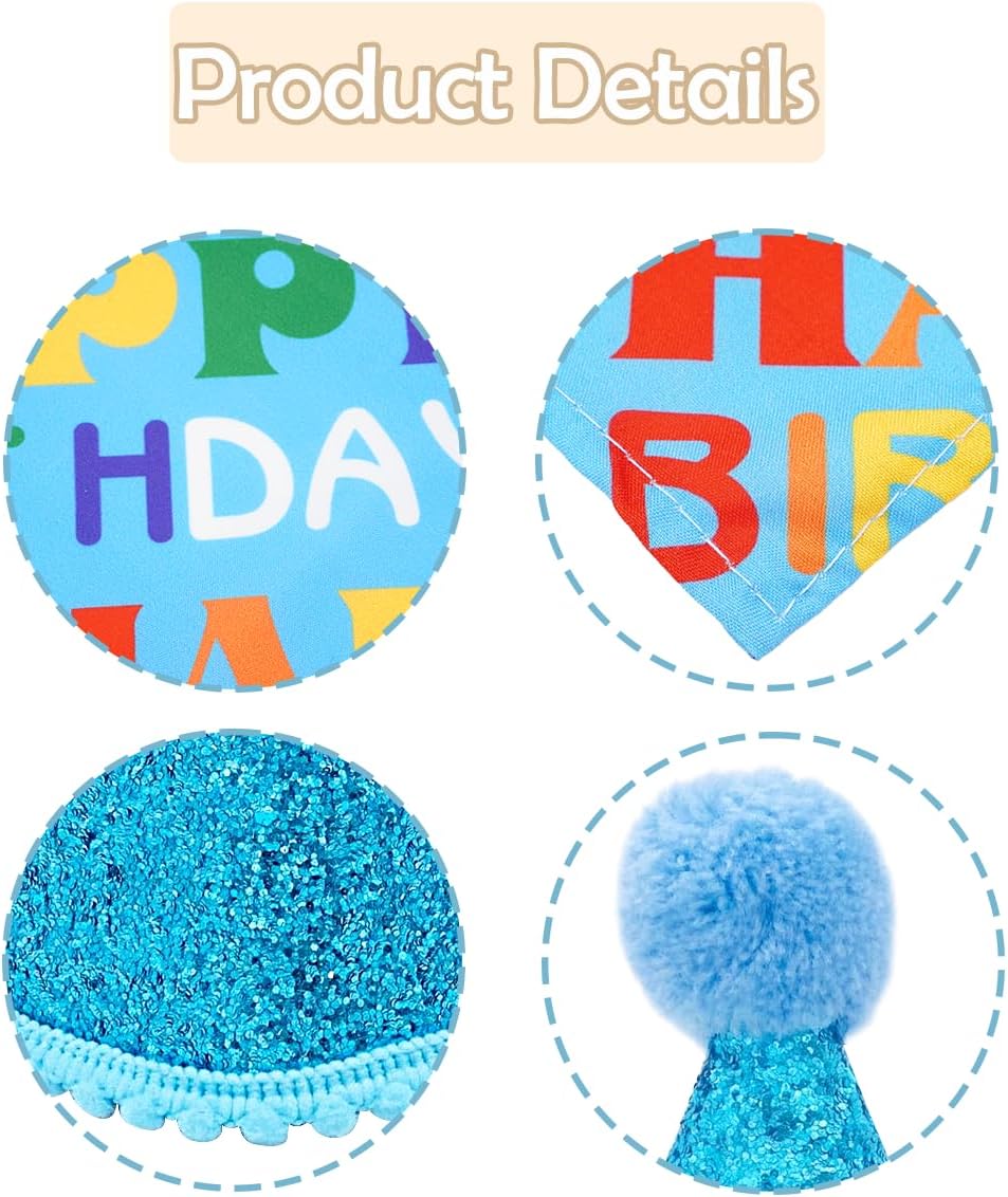 PET SHOW 3Pcs Blue Small Dog Birthday Bandana Set for Boys Female with Puppy Cone Hat and Sequin Bowtie Cat Party Supplies for Dogs Cats Puppies