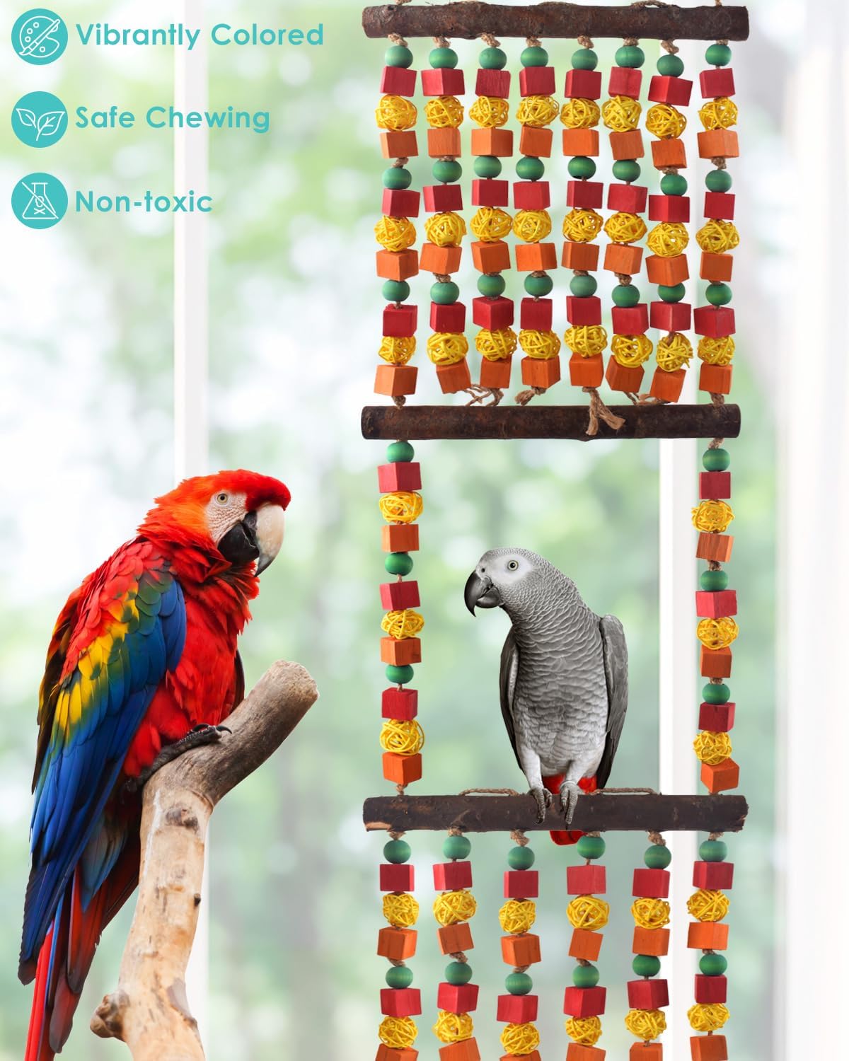 43" Extra Large Bird Parrot Toys, Multicolored Wooden Blocks Chewing Toy with Rattan Balls and Perches for Macaws, African Greys, Cokatoos, Amazon Parrots and Small Medium Parakeets