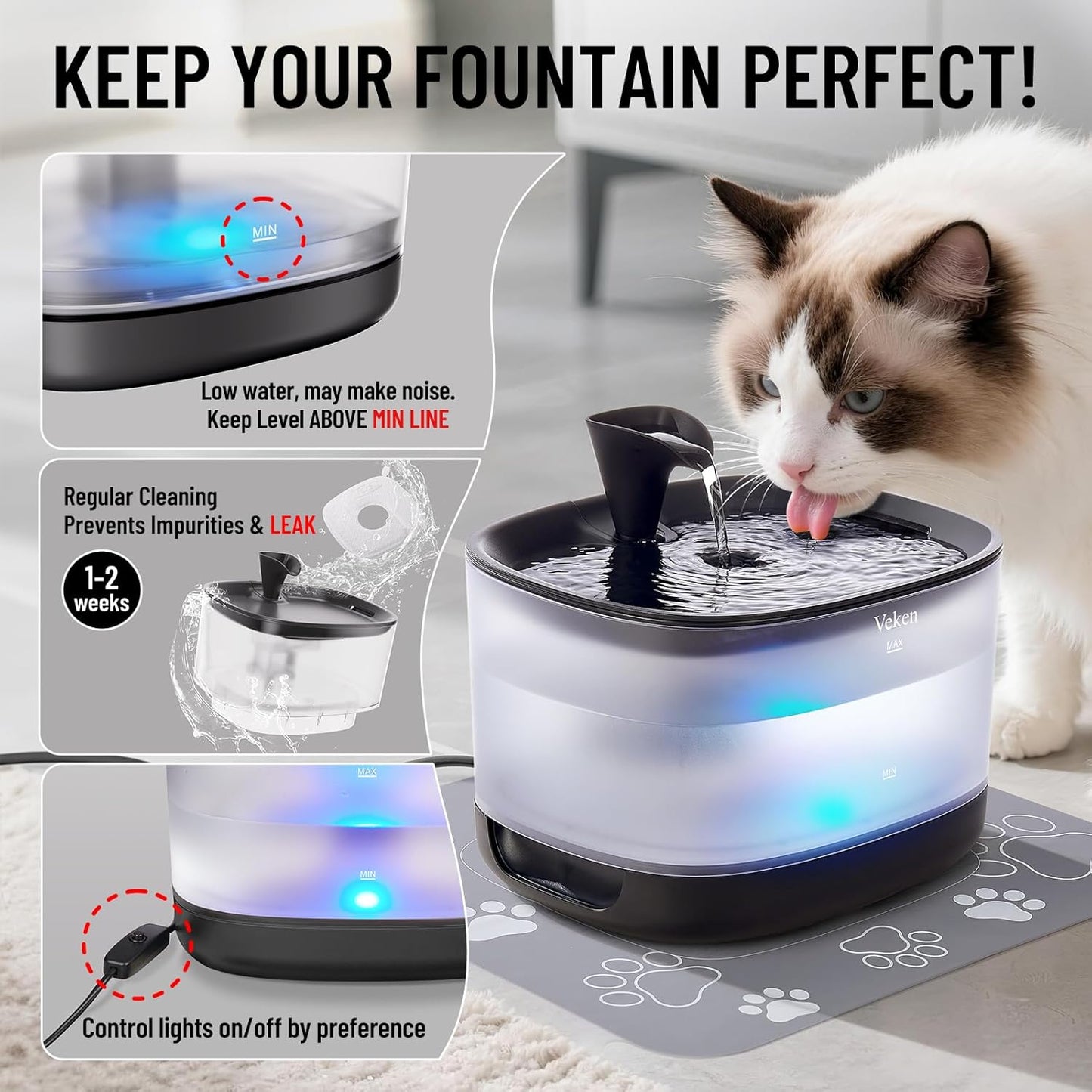 Veken Cat Water Fountain with Detachable Tank, Easy to Clean & Assemble, 84oz/2.5L Automatic Pet Drinking Dispenser with Quiet Operation & LED Light for Cats, Dogs and Small Pets, Black