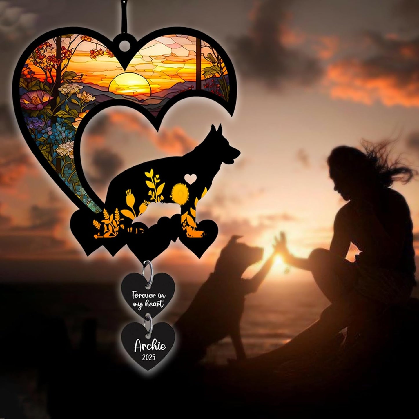 LOVELYPOD Personalized Dog Memorial Suncatcher, Custom Pet Memorial Gifts for Loss of Dog, SunCatcher Gift for Someone Who Lost a Pet, Dogs Remembrance Stained Glass, Hanging Garden Decor with Heart