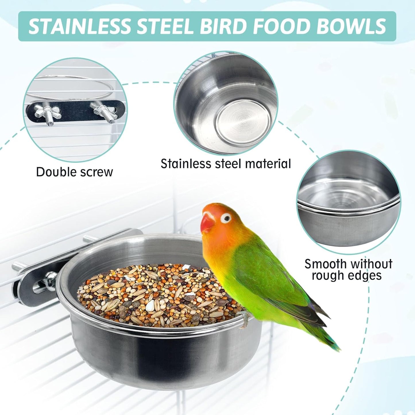 PINVNBY 2 PCS Stainless Steel Bird Bowl Parrot Food Water Bowls with Clamp Holder Bird Feeder Dish Cups Crate Bowls for Cockatiel Pigeons Conure Budgies African Greys (Double Screws Size: M)