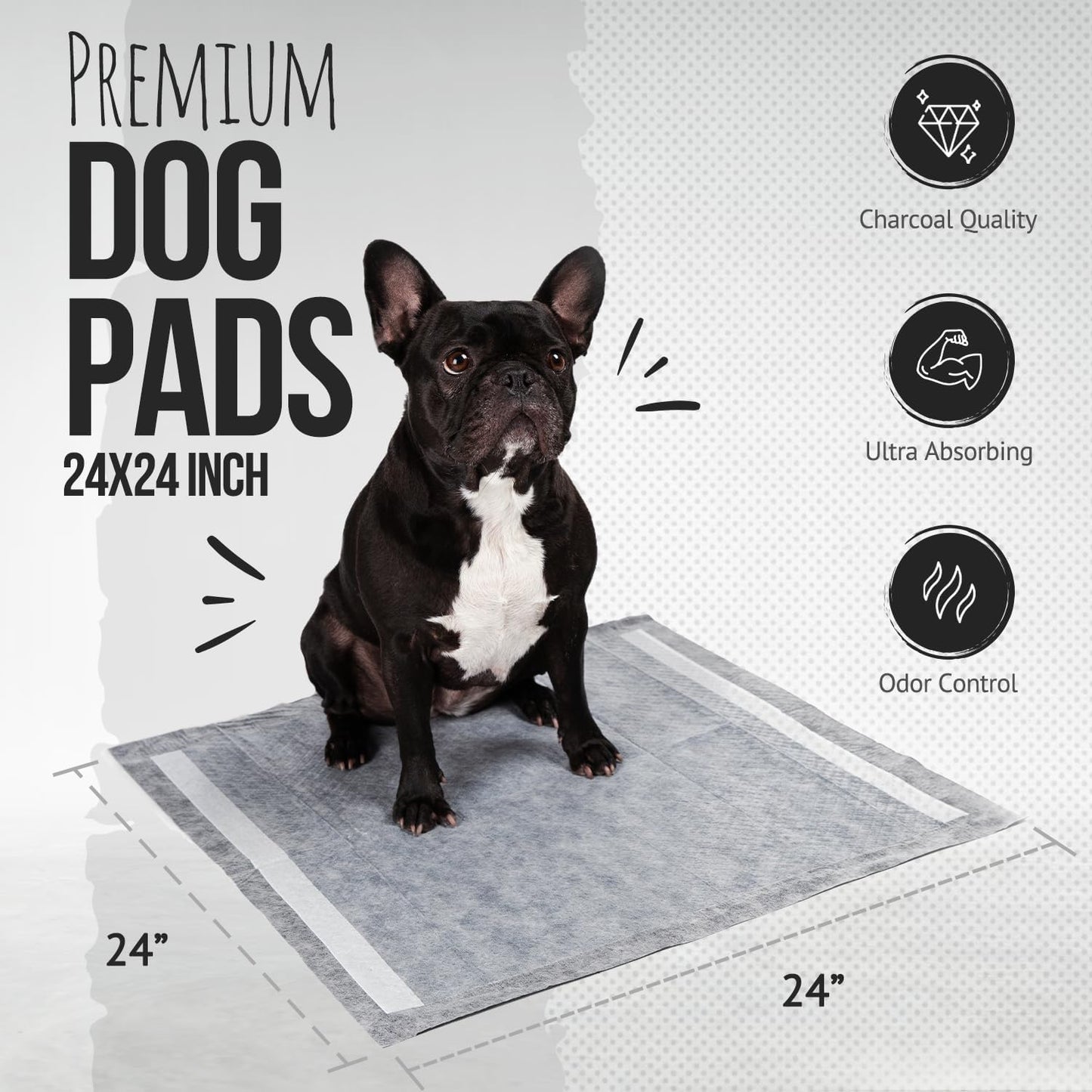 Bulldoglogy Carbon Black Puppy Pee Pads with Adhesive Sticky Tape - Large Charcoal Housebreaking Dog Training Wee Pads (24x24) 6 Layers with Extra Quick Dry Bullsorbent Polymer Tech (100-Count)