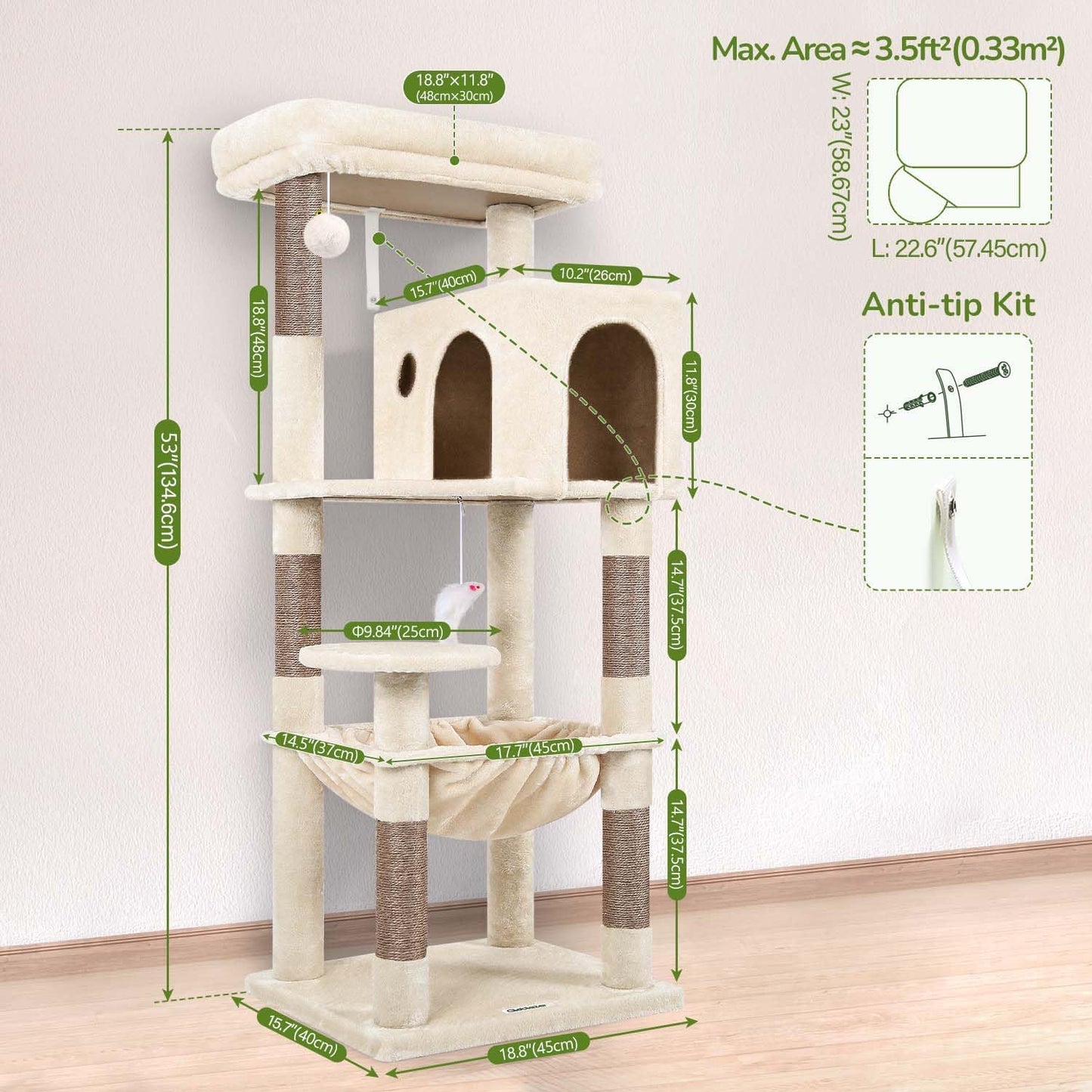 Globlazer Cat Tree Tower with Scratching Post for Indoor Cats, 53inch Tall Plush Multi-Level Cat Climbing Tower Condo House with Large Hammock, Spacious Cat Cave, Big Padded Top Perch Bed, F53, Beige