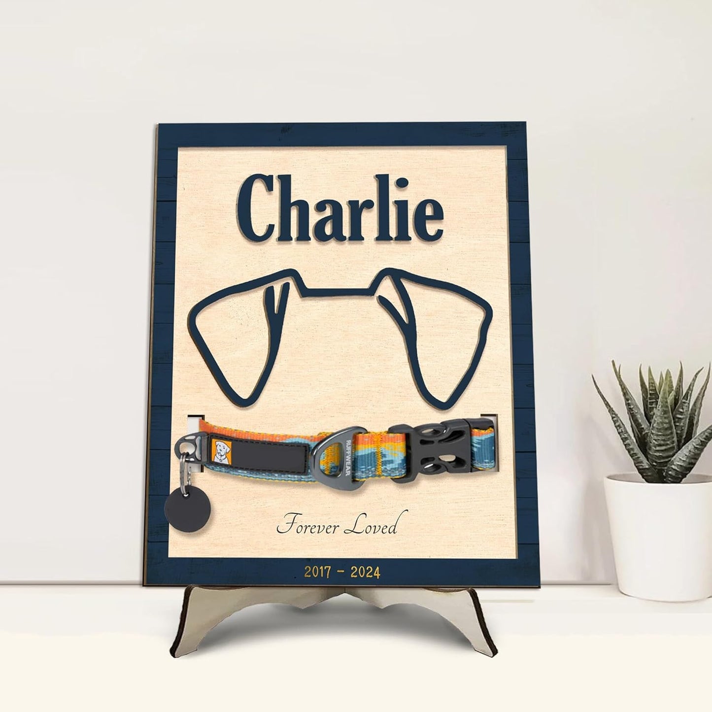 Custom Pet Memorial Sign with Dog Ear Outline and Collar Holder – Personalized Dog Loss Gift, Pet Sympathy Frame, Remembrance Gift for Dog Lovers