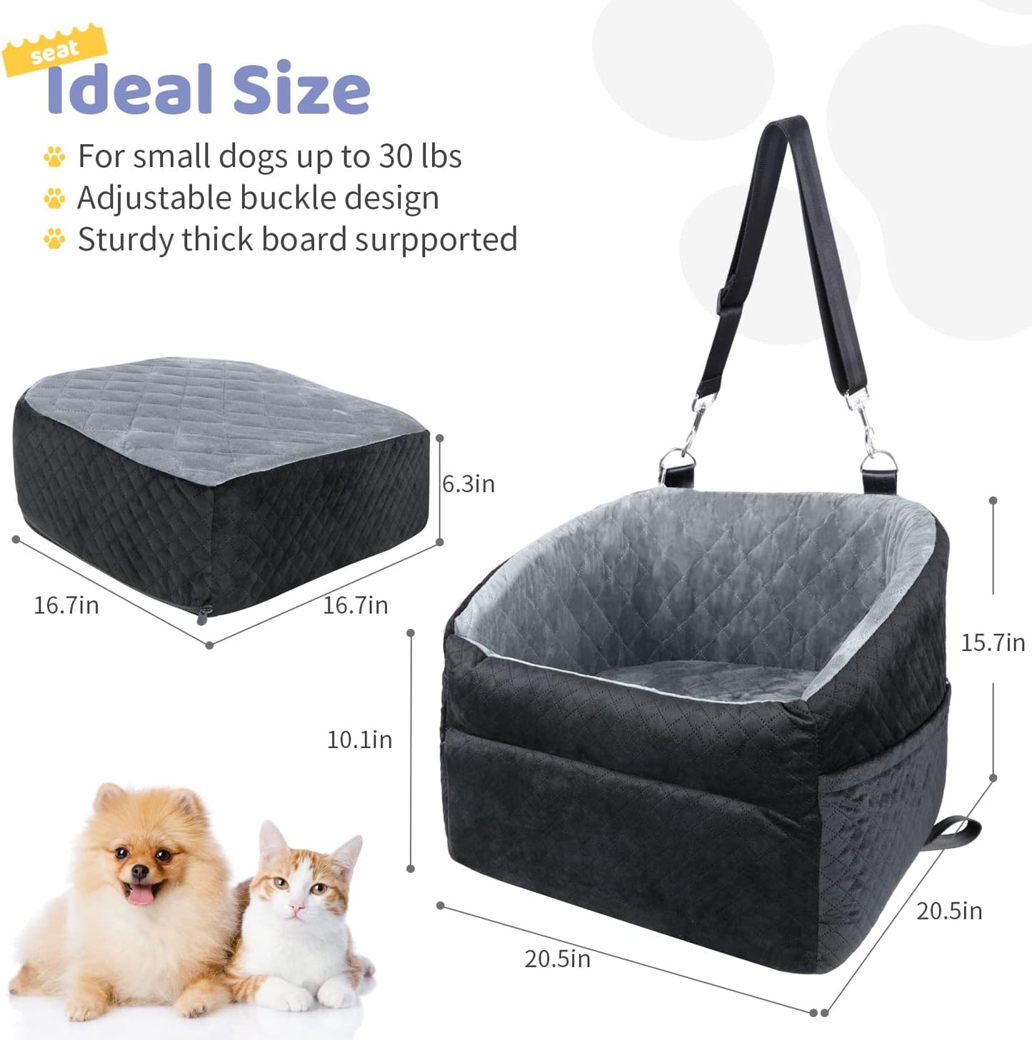 Dog Car Seat for Small/Medium Dogs, Upgrade Dog Booster Seat,Detachable and Washable Pet Car Seats with Thick Cushion Safety Leash and Storage Pockets(Black/Grey)