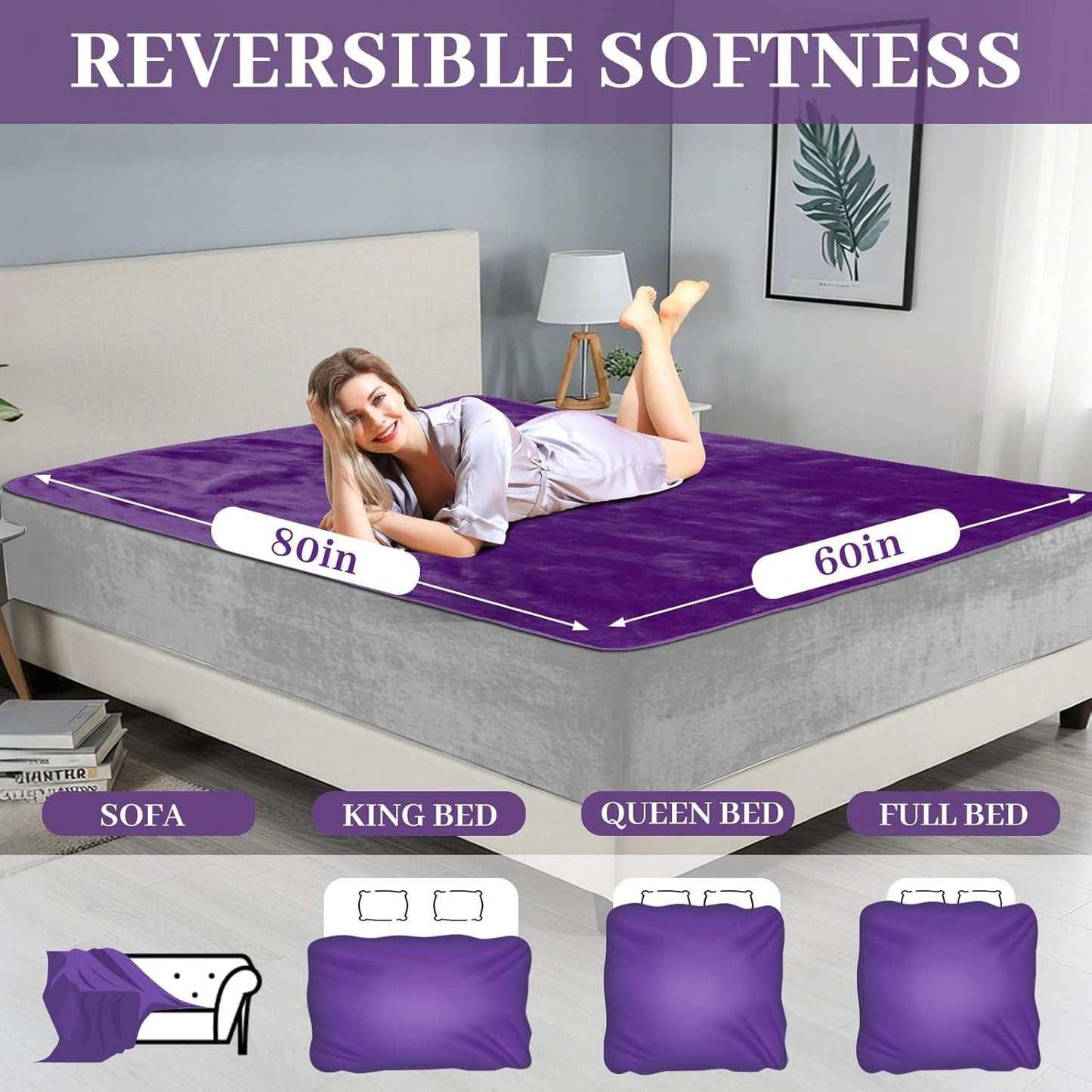 Love Purple Waterproof Bed Blanket, Twin Size 80'' x 60'' Double Side Leakproof Reversible Sherpa Flannel Fleece 3 Layer Lightweight Blanket, Absorbs 50oz