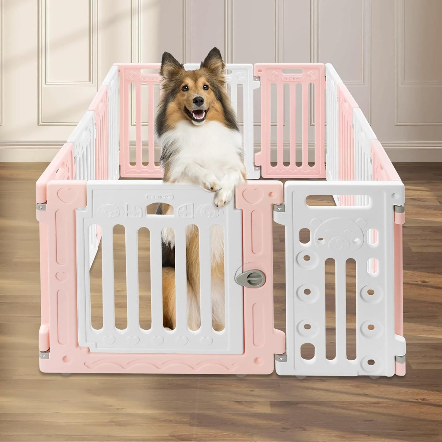 Dog Playpen with Door, 12 Panels Pet Safety Fence Foldable Puppy Pen Indoor Dog Fence, Plastics Enclosure Dog Pen Indoor for Small Dogs and Cats, Easy Assemble (Pink)