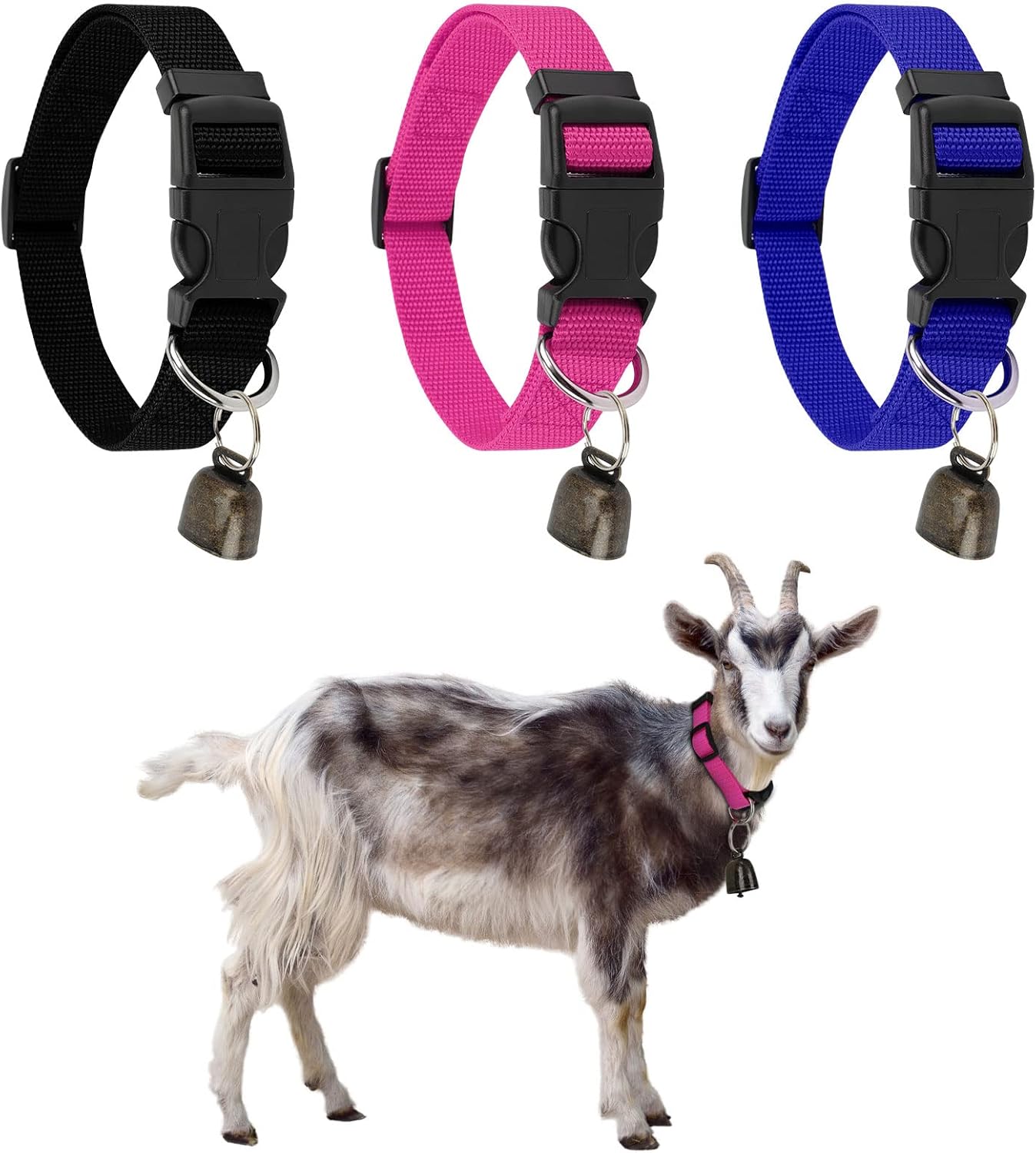 Goat Collars with Bell, 3 Pack Adjustable Sheep Collars with Quick Release Buckle Anti-Loss Bell, Durable Nylon pet Collar for Small Farm Goat Cow Horse Sheep