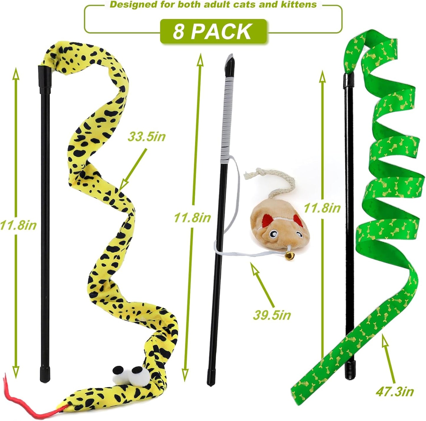 Interactive Cat Toy Wand with Catnip Mouse, Cat Teaser Wand Rainbow String for Bored Indoor Adult Cats and Kittens (8 Pack)