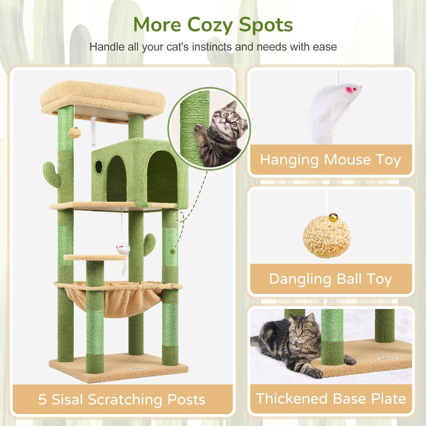 Globlazer Cactus Cat Tree Tower with Scratching Post for Indoor Cats, 53inch Tall Plush Multi-Level Cat Climbing Tower Condo with Large Hammock, Spacious Cat Cave, Padded Top Perch Bed, F53, Green